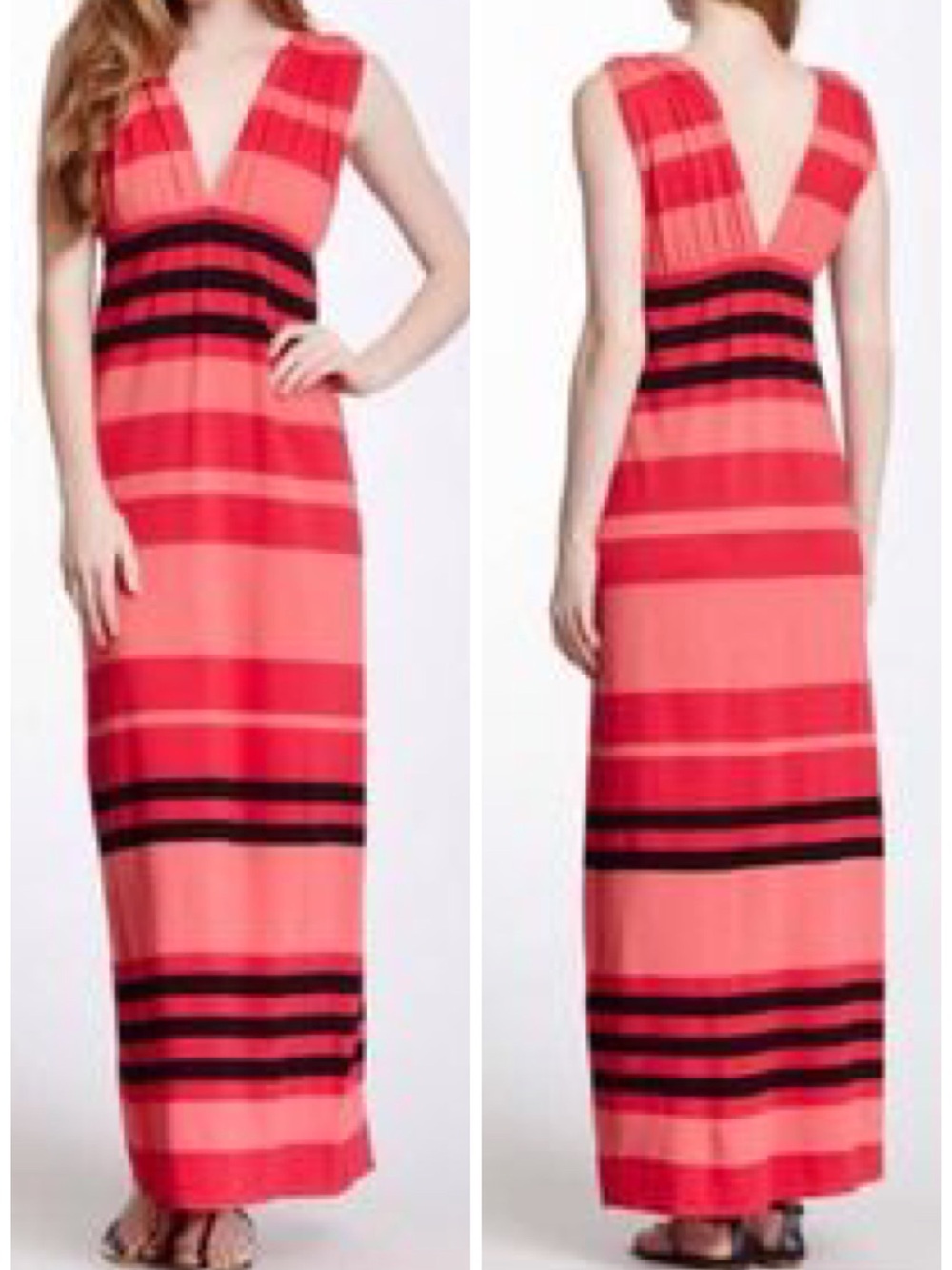 Love Ady Double V Plunge Striped Maxi Dress Boho Grecian Beach Pink Black M EUC